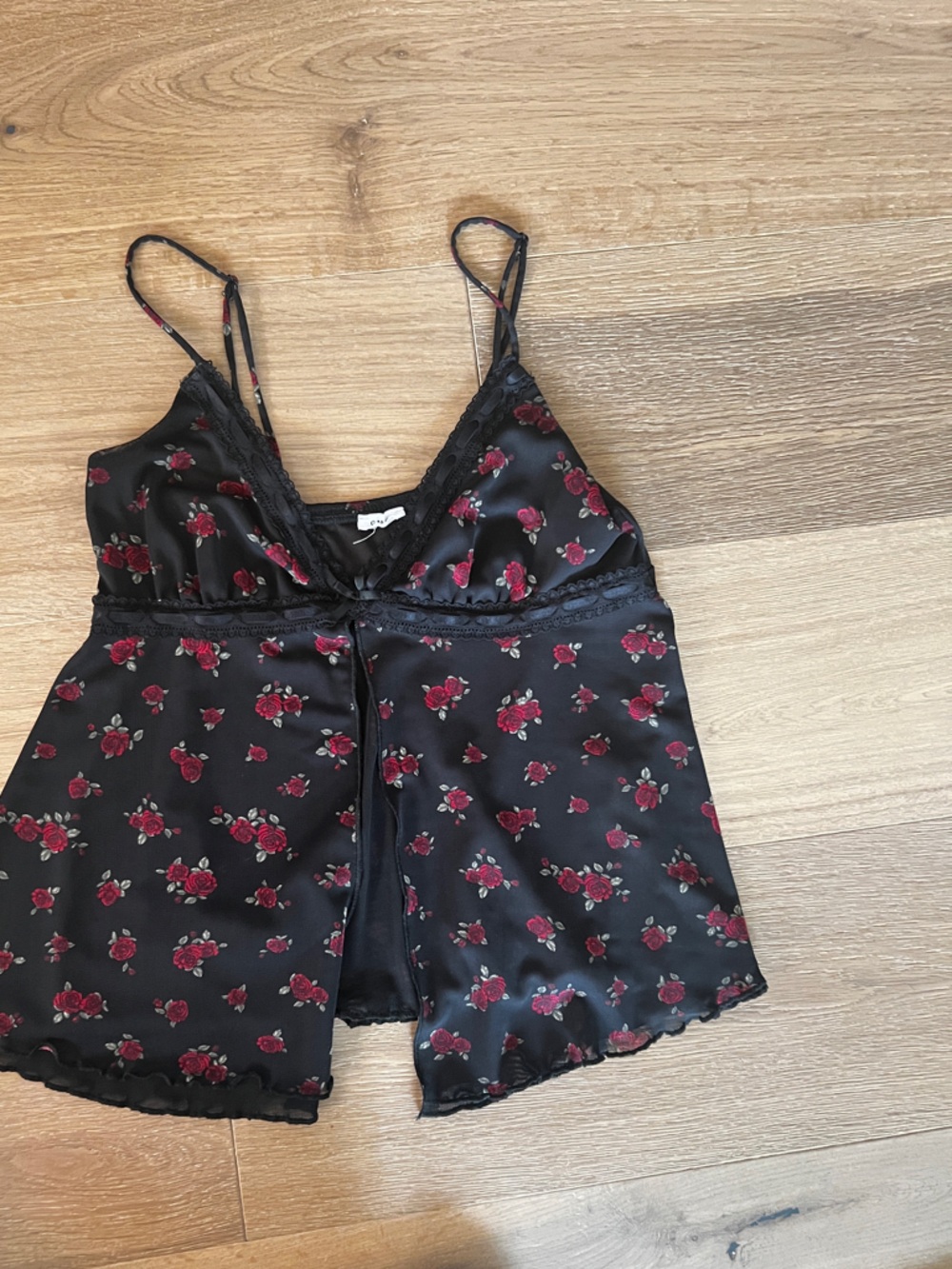 Garage Black Satin Chemise with Red Rose Print